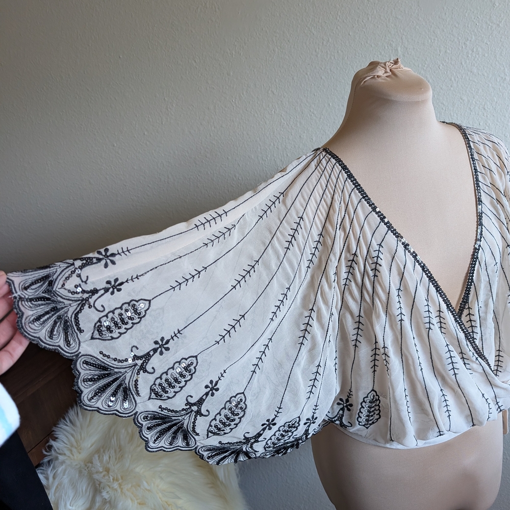 Flowy Cape-Sleeve Blouse or Wrap in Cream with Black Embroidery and Sequins